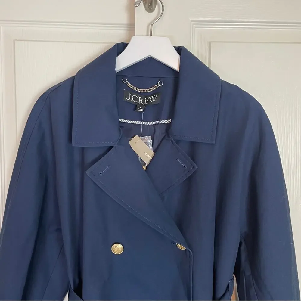 J.Crew Navy Trench Coat Water Repellent Cotton Belted NWT Sz L - Picture 3 of 12